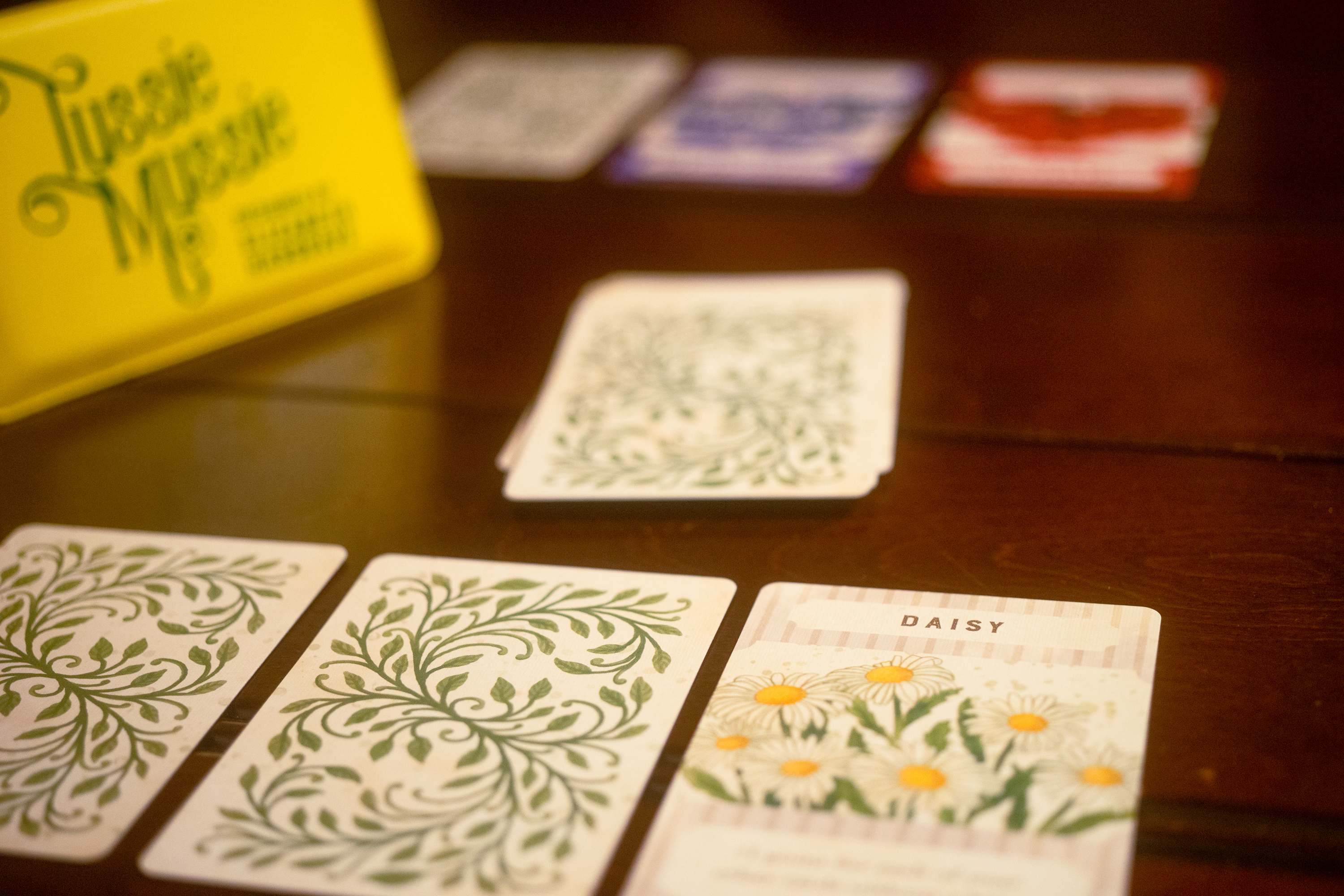 Cards from the small card game Tussie Mussie. A card titled Daisy is visible. The others are turned upside down.
